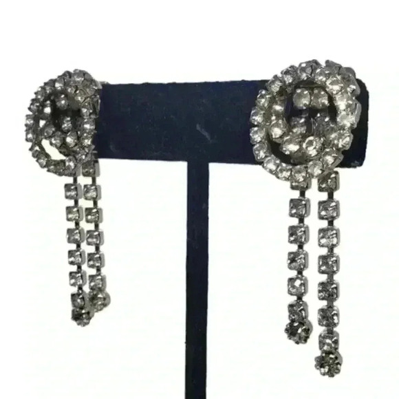 Vintage Rhinestone Earrings Clip Double Circle Long Dangle Bride Barbie Art Deco - Picture 5 of 13